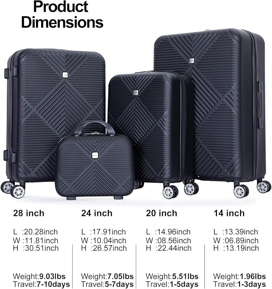 Amazon.com | Tripcomp Luggage 4 Piece Set, Hardshell ABS Suitcase